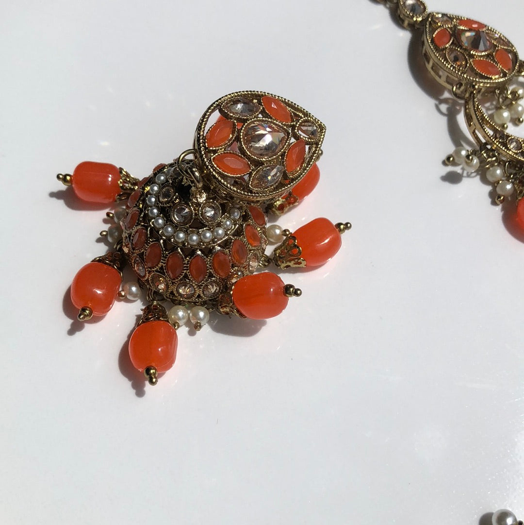 Orange Necklace Earring Tikka Set