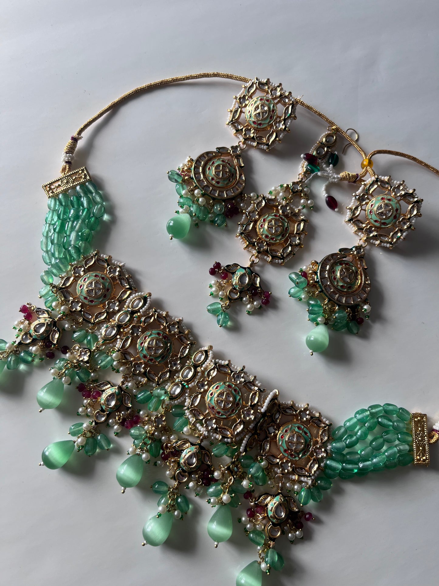 Sage Green Maroon Kundan Set with Meena Kari