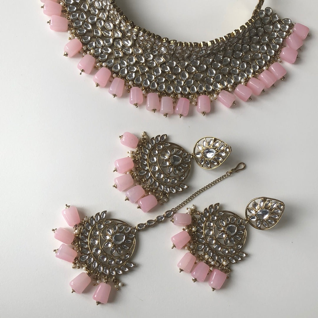 Baby Pink Necklace Earring Tikka Set