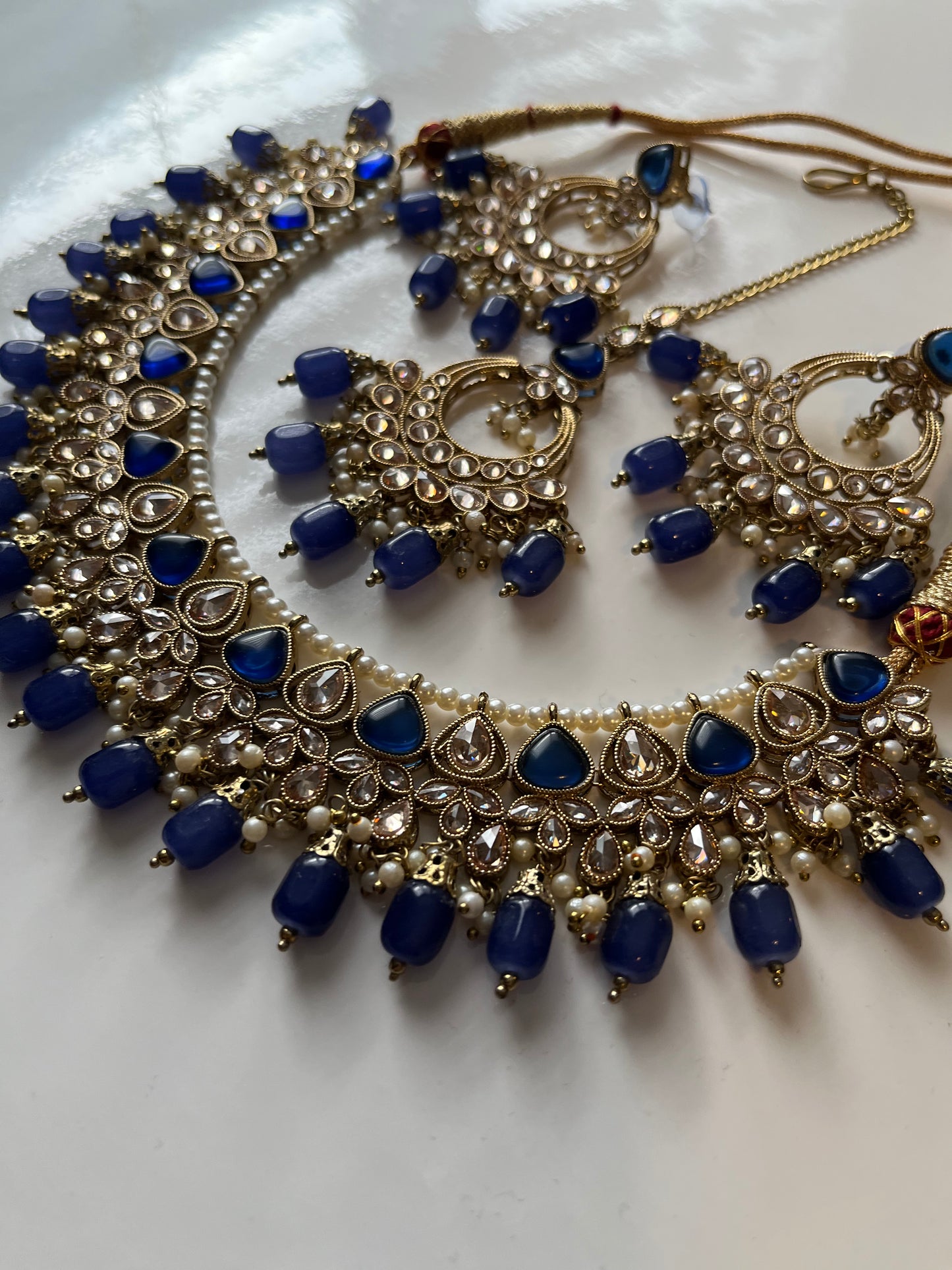 Blue Polki Necklace Earring Tikka Set