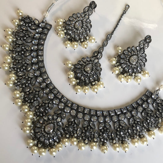 Grey Silver Pearl Necklace Earrings Tikka Set