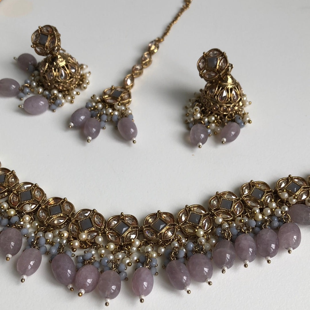 Elegant Grayish Purple Stone Necklace Earring Tikka Set