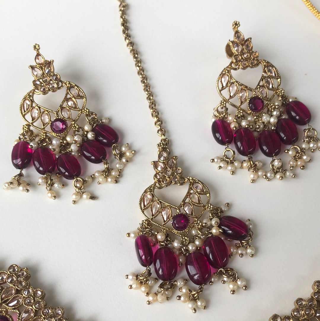 Maroon Necklace Earring Tikka Set