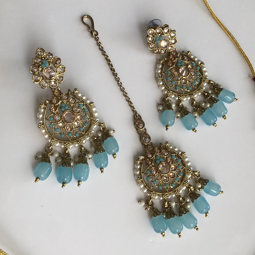 Ocean Blue Necklace Earring Tikka Set