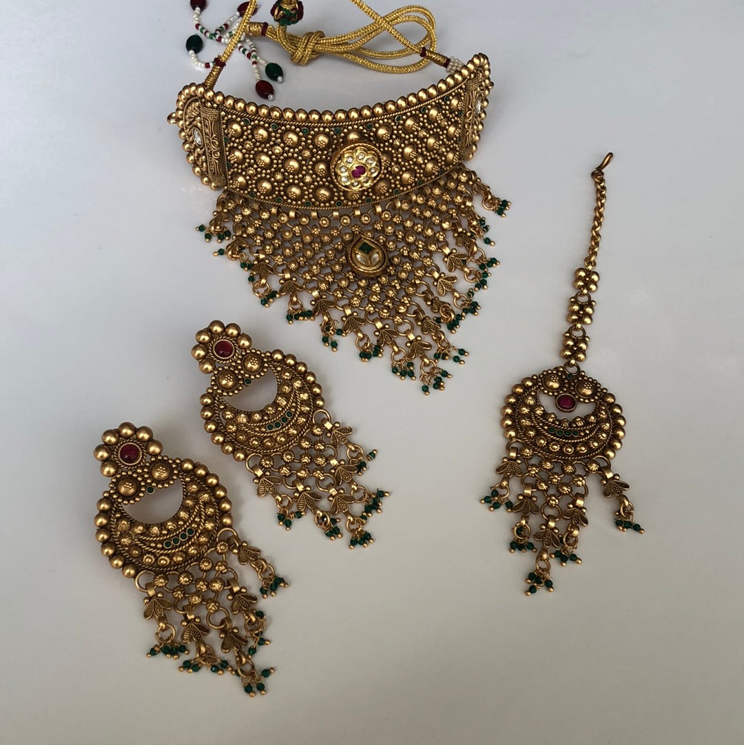 Royal Choker Mesh Necklace Earring Tikka Set