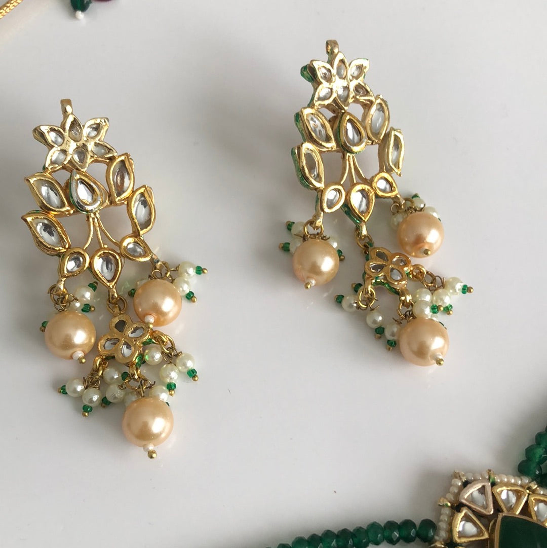 Emerald Green Kundan Pearl Earring Necklace Set