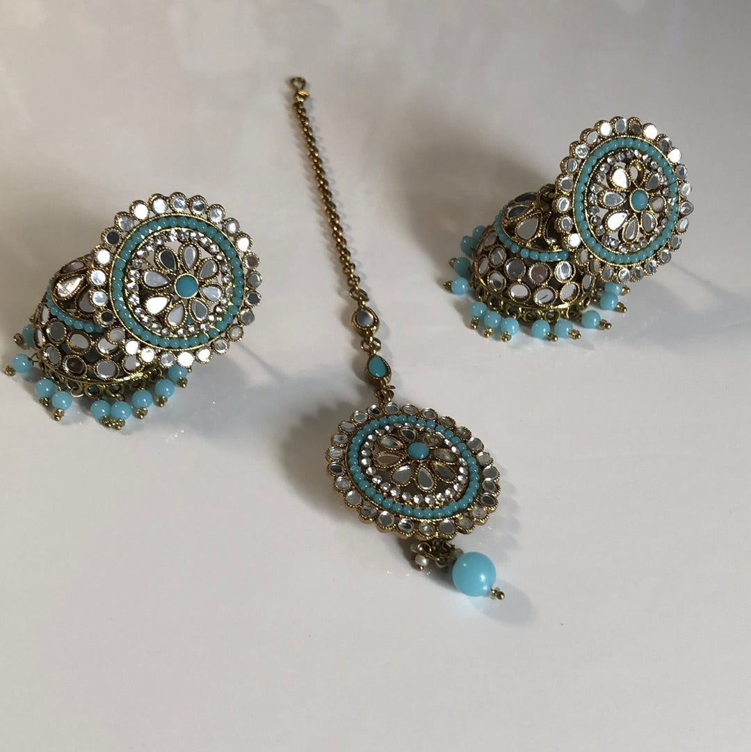 Ocean Blue Mirror Earring Tikka Set