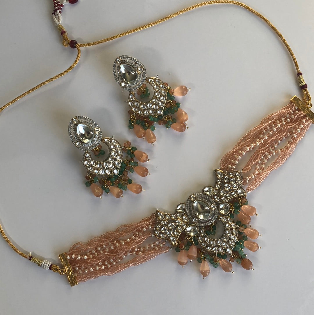 Peach Sea Green Choker Necklace Earring set