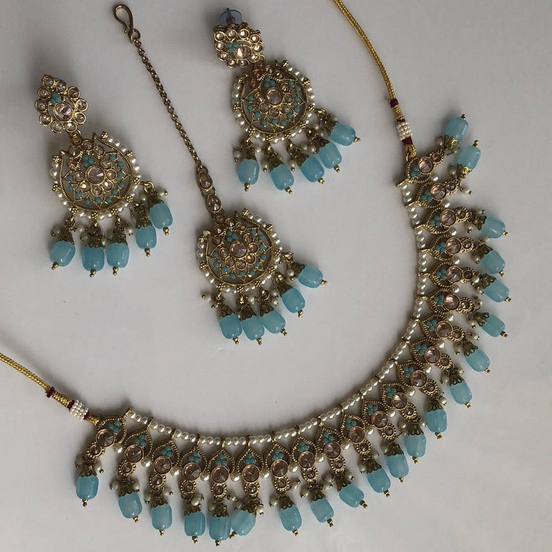 Ocean Blue Necklace Earring Tikka Set