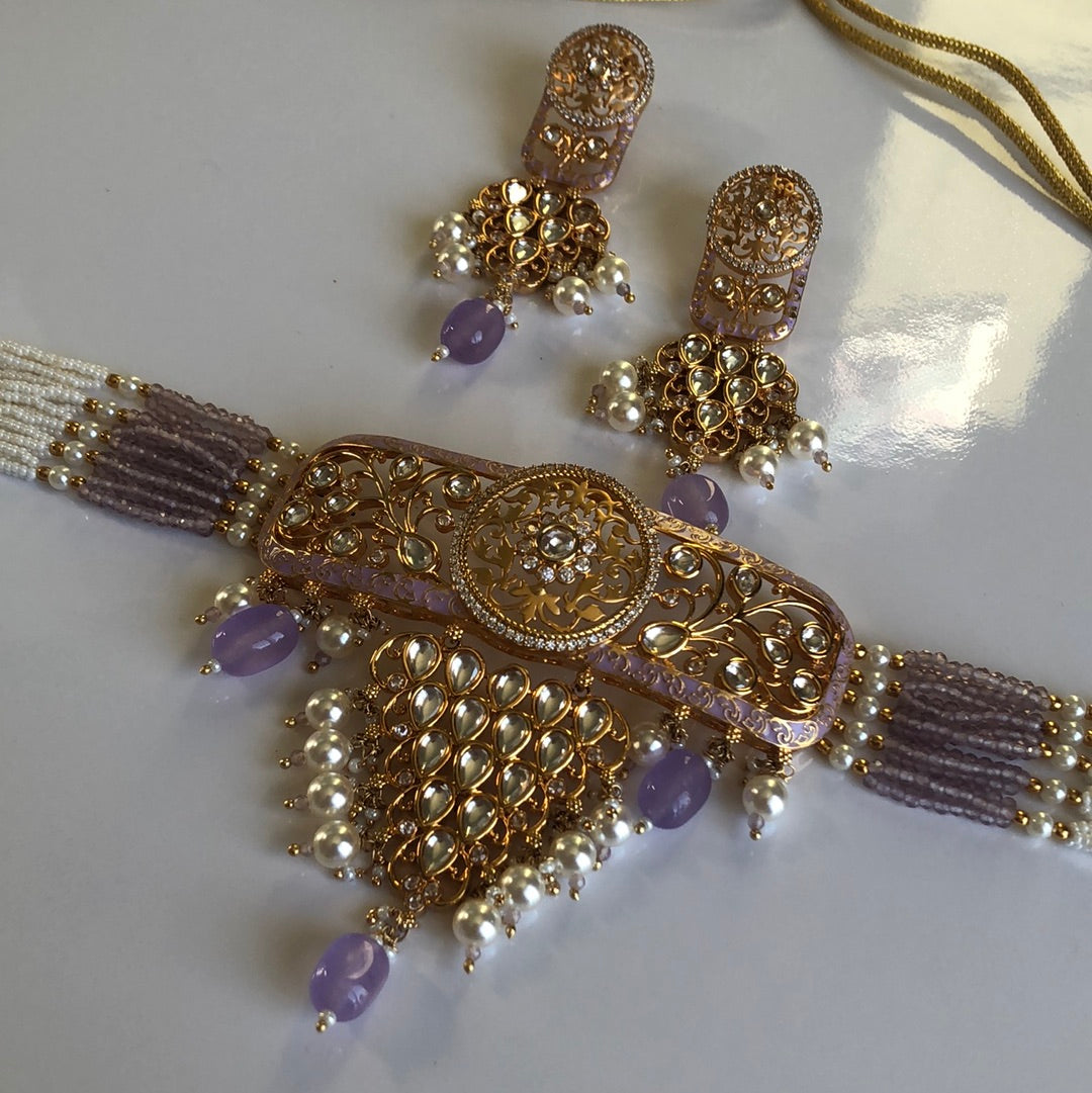 Lavender Gold Plated Choker Necklace Earrings