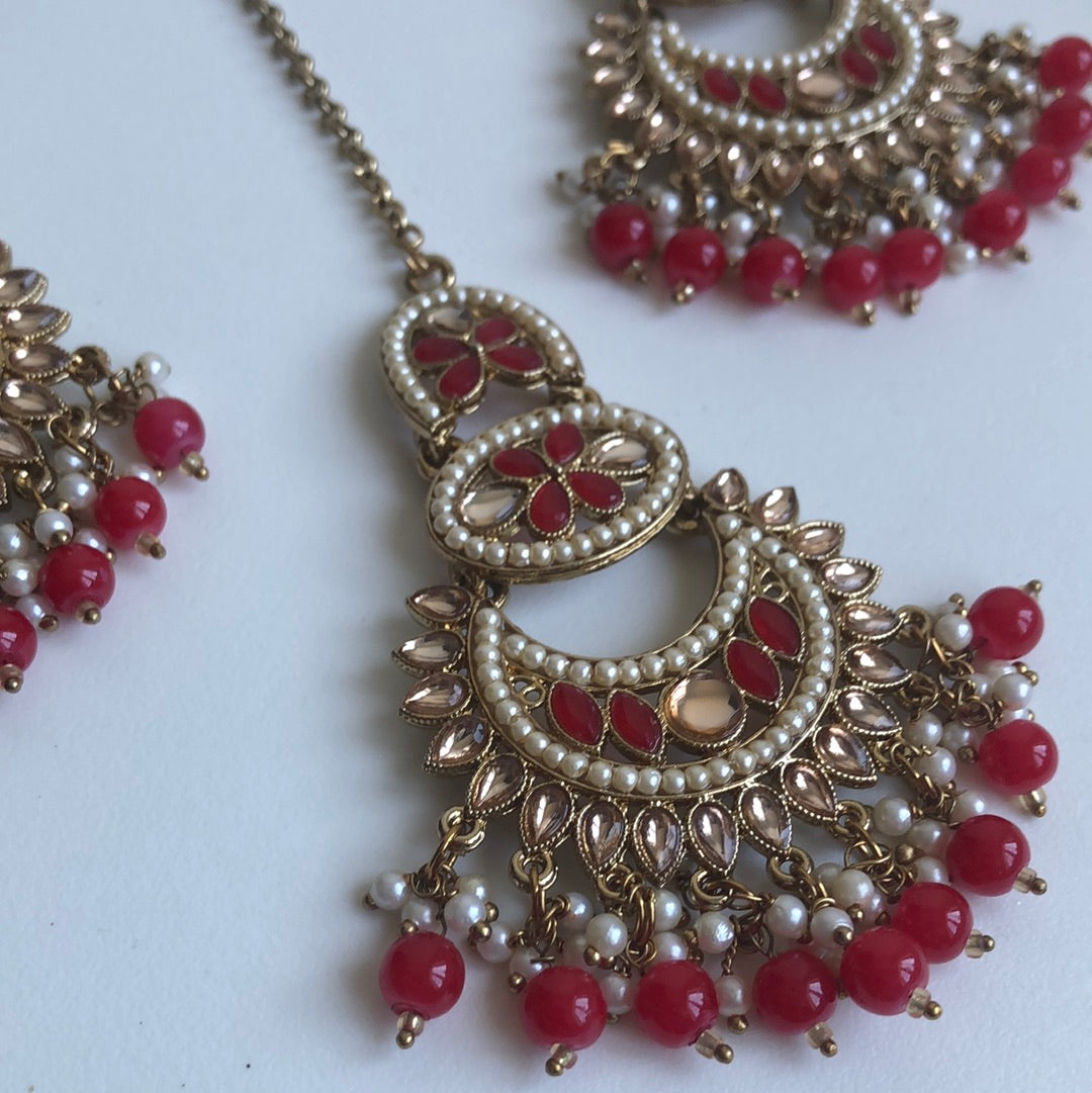 Red Drop Earring Tikka Set