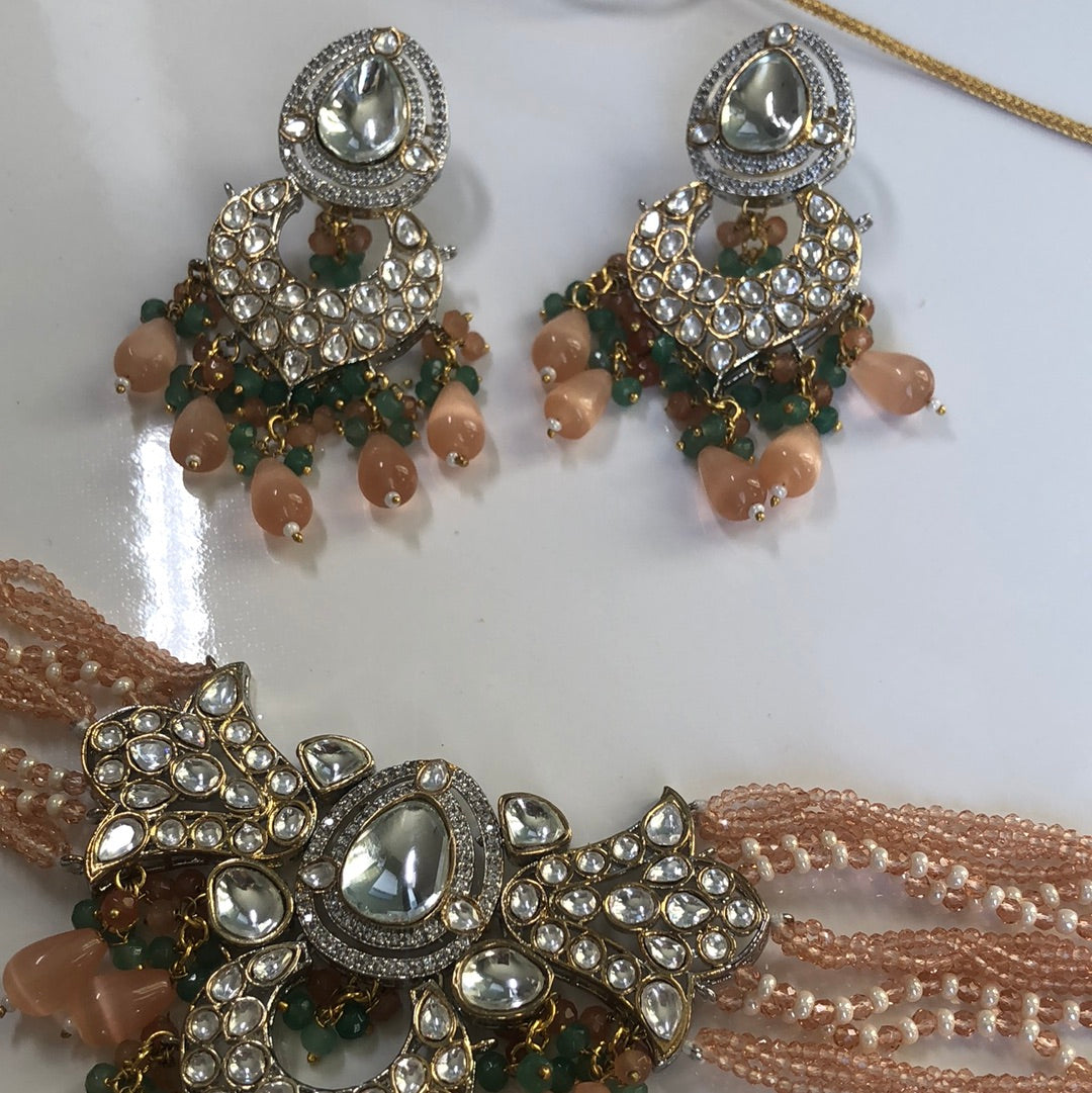 Peach Sea Green Choker Necklace Earring set