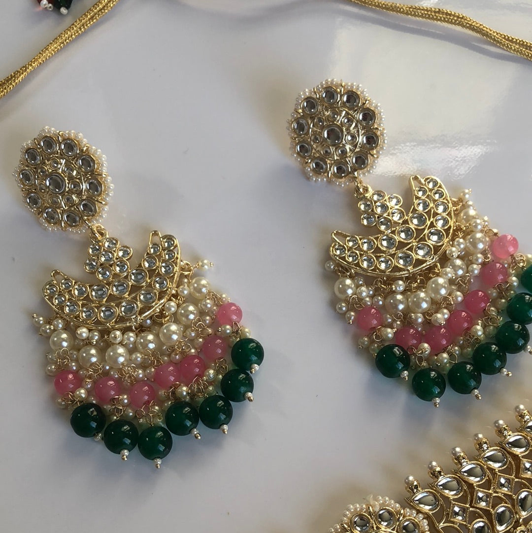 Forest Green Pink Pearl Necklace Earring Set