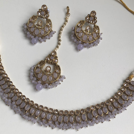 Lavender Elegant Necklace Earring Tikka Set