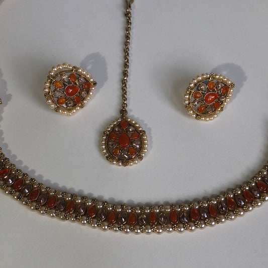 Orange Choker Necklace Earring Tikka Set