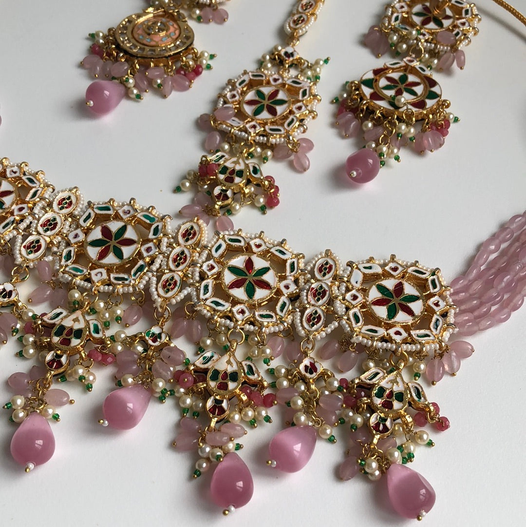 Pearly Pink & Green Necklace Earring Tikka Set