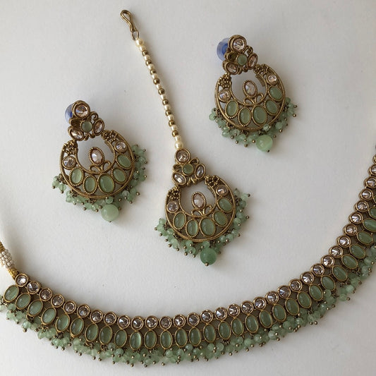 Sea Green Necklace Earring Tikka Set