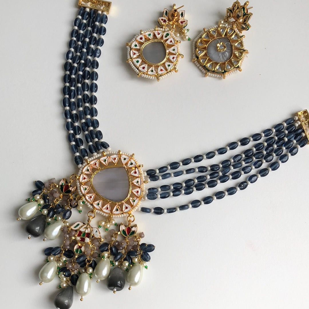 Grey Dark Navy Stone Necklace Earring Set