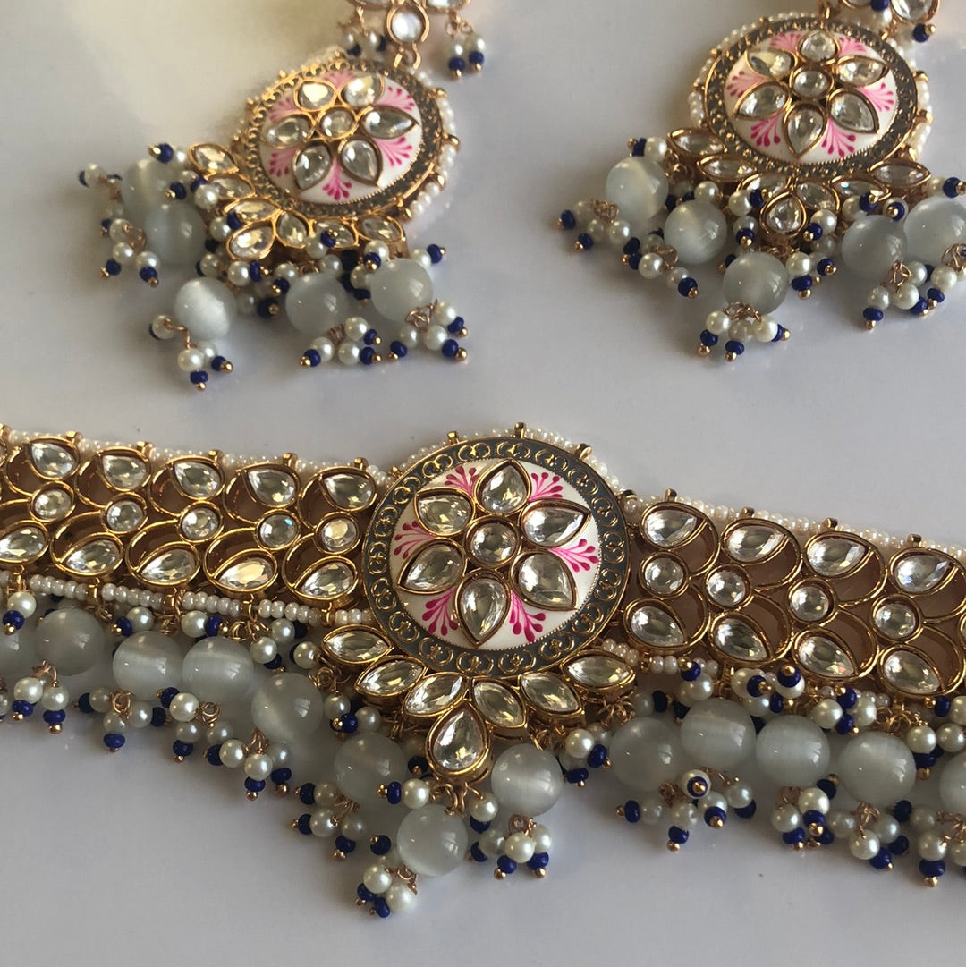 Blue/Grey and Pink accented Necklace Earring Set