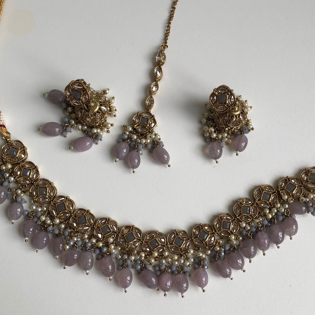 Elegant Grayish Purple Stone Necklace Earring Tikka Set