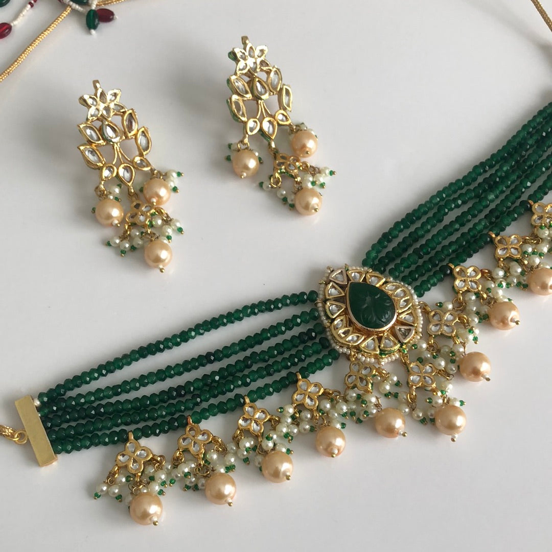 Emerald Green Kundan Pearl Earring Necklace Set