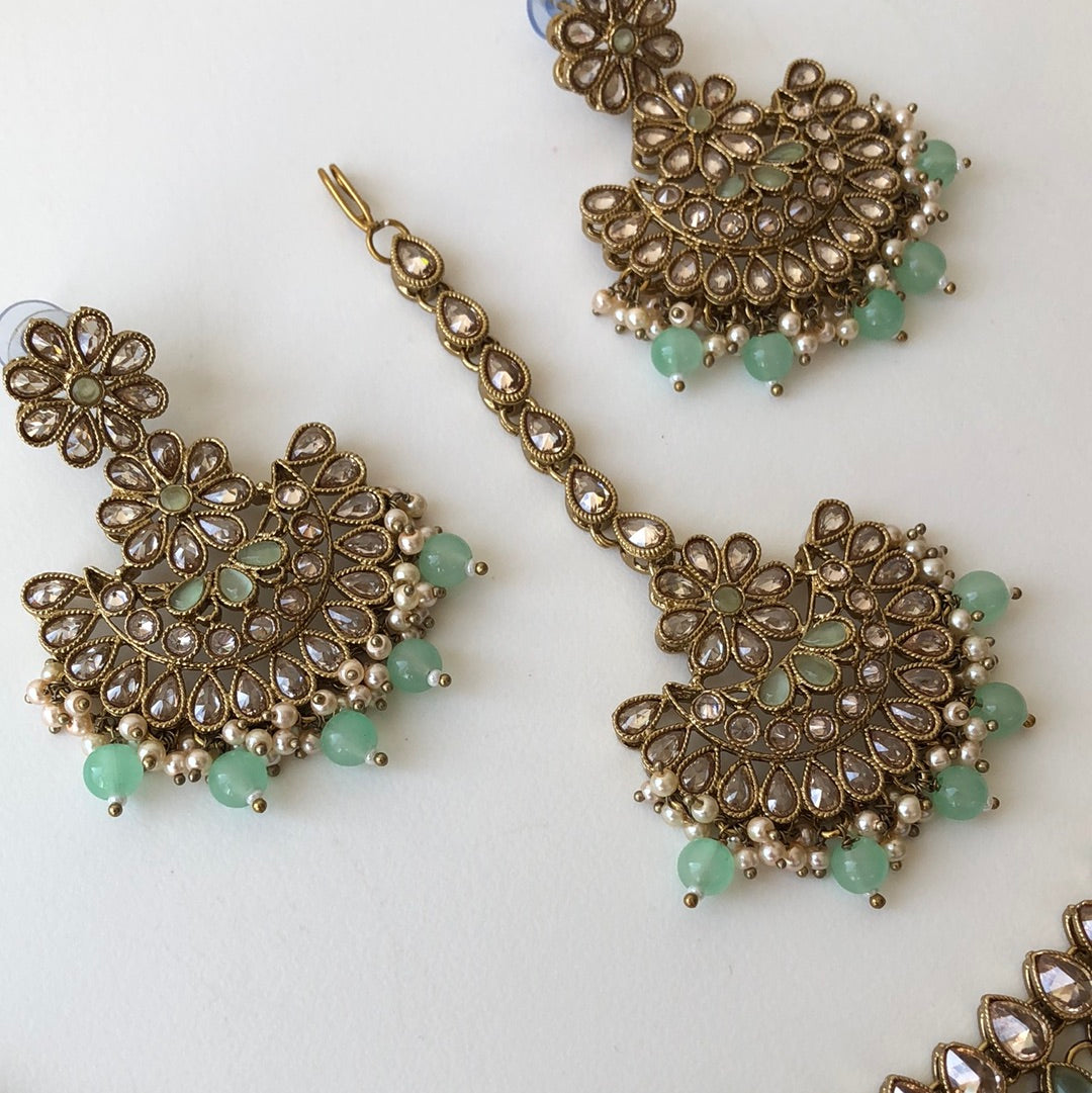 Stunning Sea Green Necklace Earring Tikka Set
