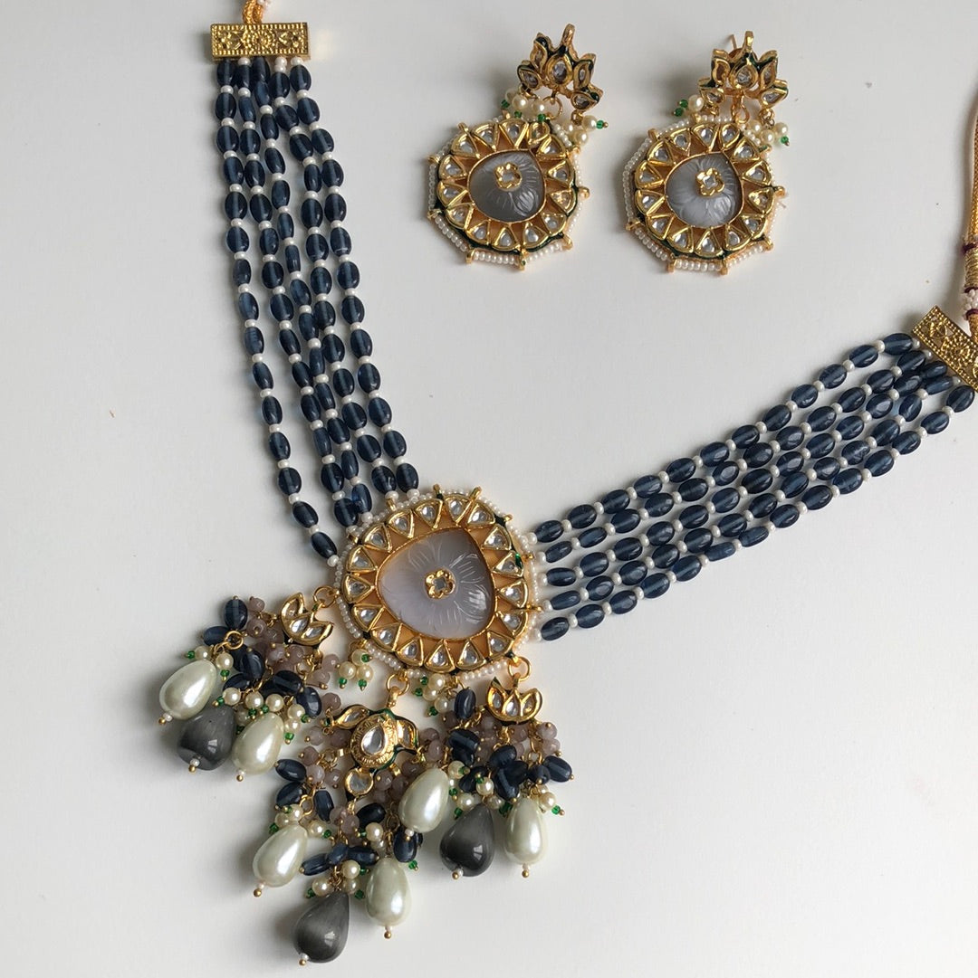 Grey Dark Navy Stone Necklace Earring Set