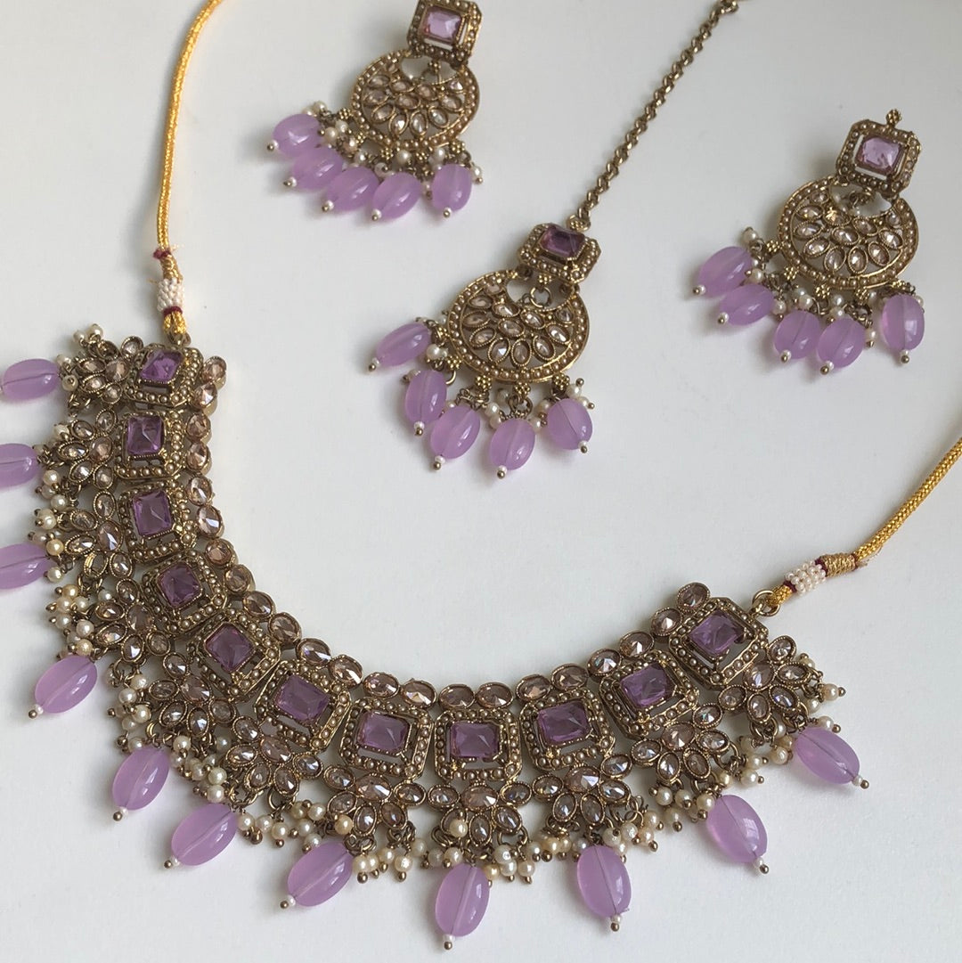 Lavender Stone Crystal Necklace Earring Tikka Set