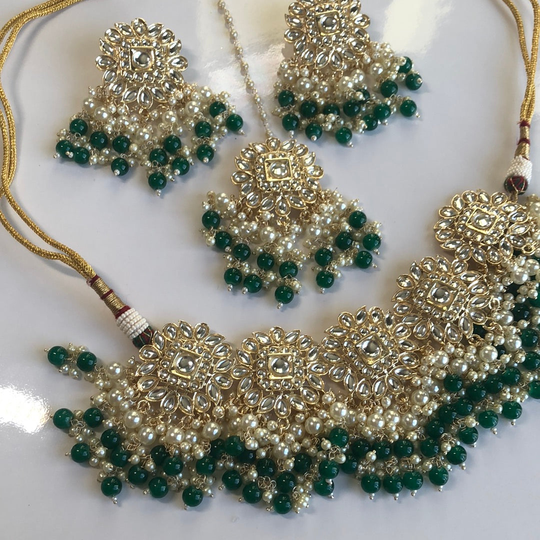 Deep green necklace earring Tikka set