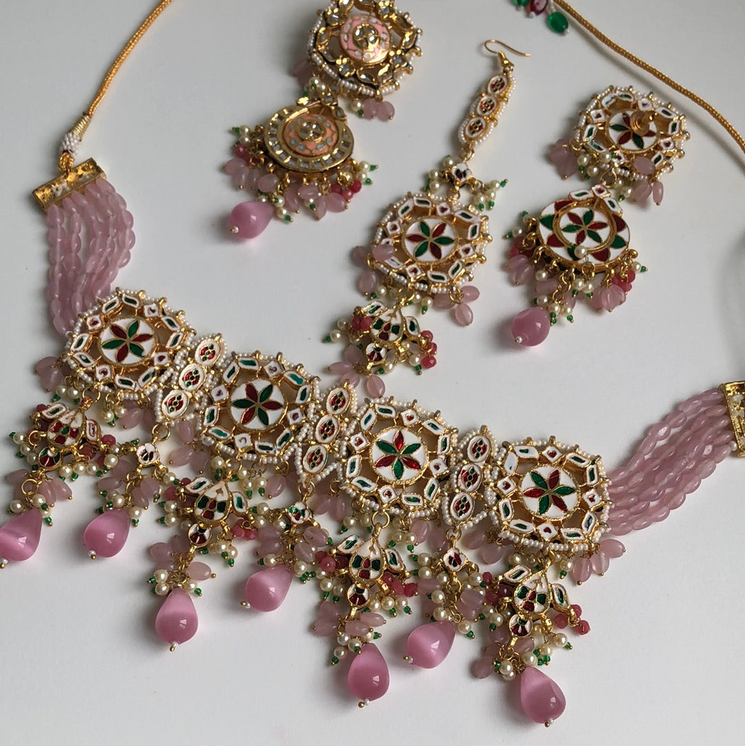 Pearly Pink & Green Necklace Earring Tikka Set