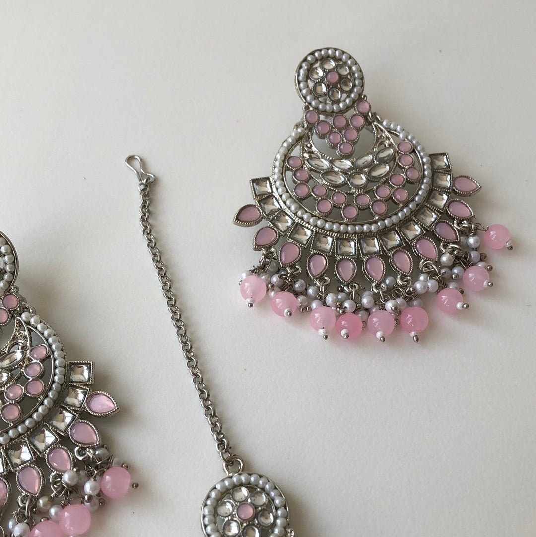 Silver White Pink Earring Tikka Set