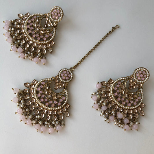 Baby Pink Blush Earrings Tikka Set