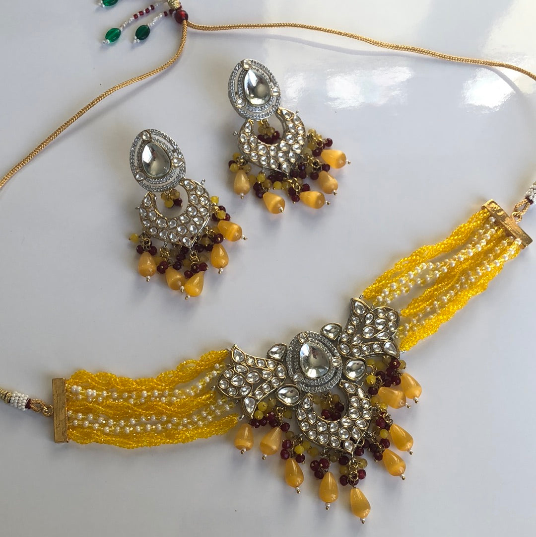 Yellow Magenta Kundan Showstopper Set