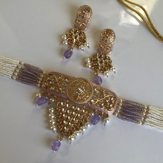 Lavender Gold Plated Choker Necklace Earrings