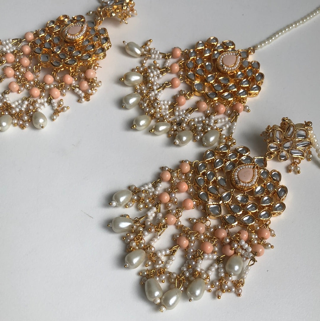 Peach Waterfall Pearl Necklace Earring Tikka Set