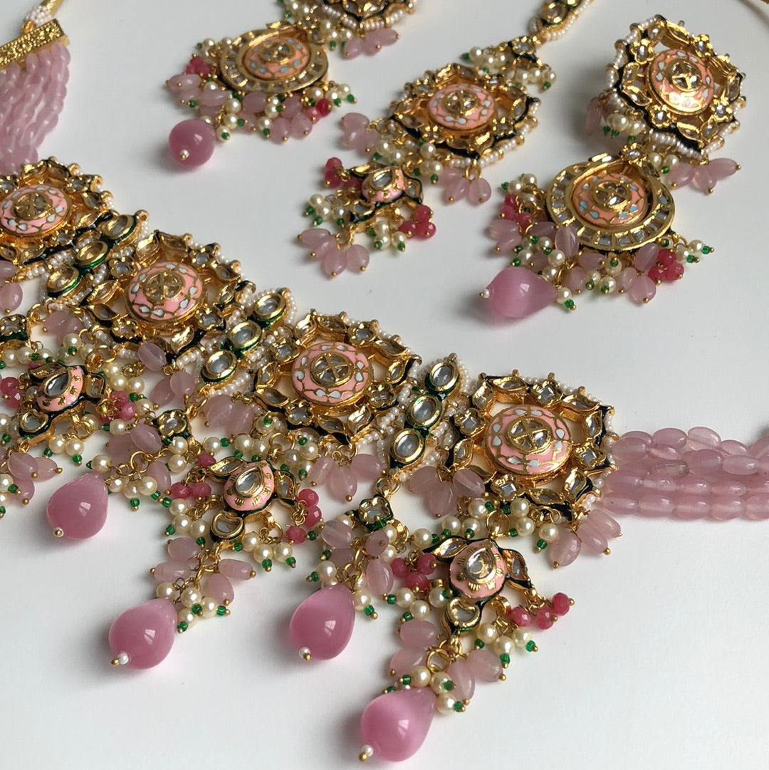 Pearly Pink & Green Necklace Earring Tikka Set