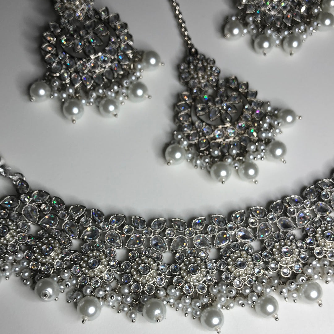 Polki Silver Crystal Necklace Earring Tikka Set