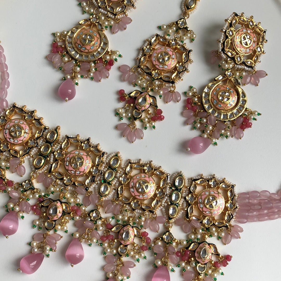 Pearly Pink & Green Necklace Earring Tikka Set