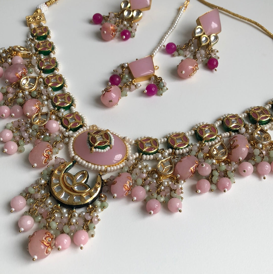 Baby Pink Elegant Kundan Necklace Earring Tikka Set