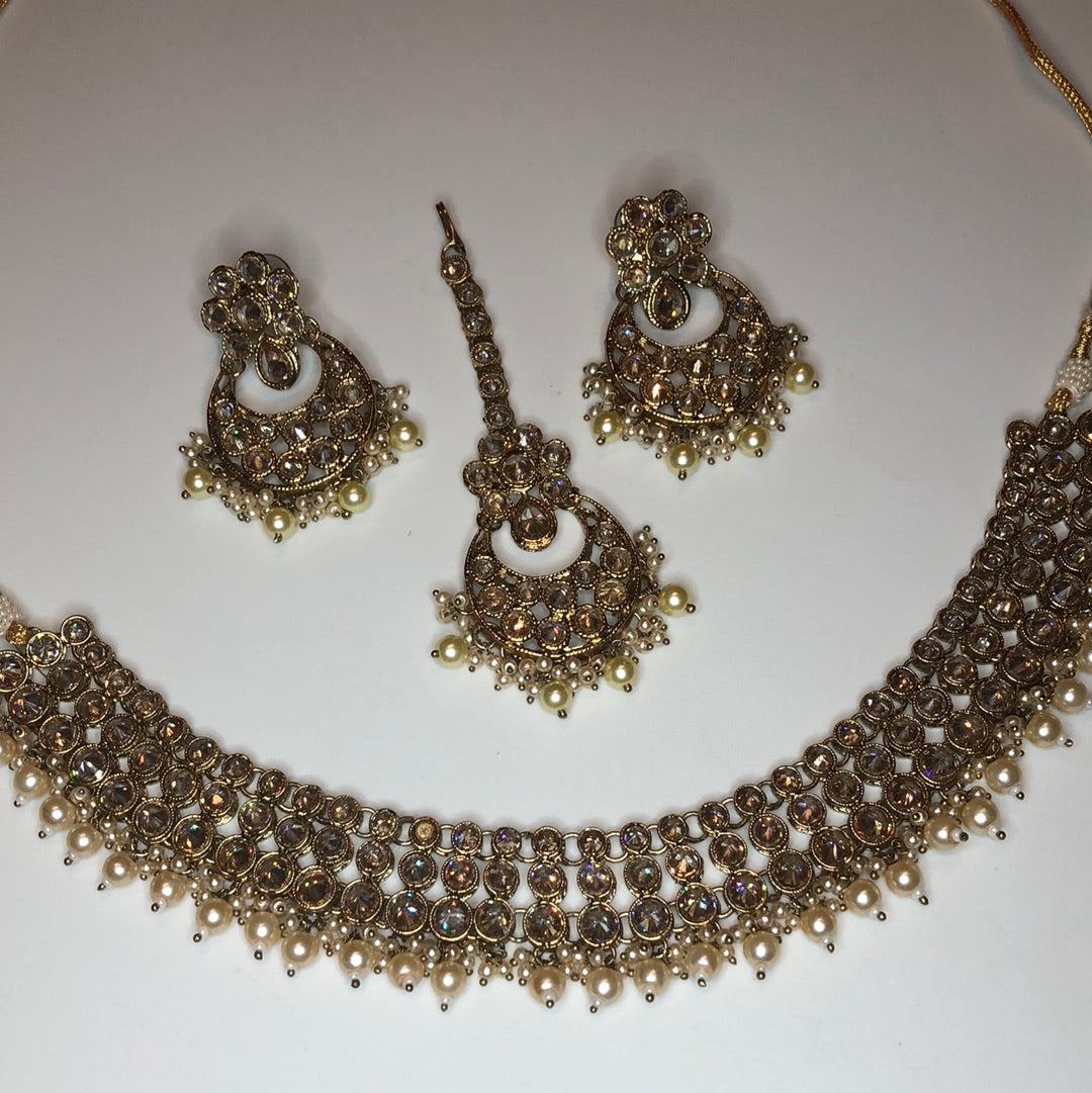 Polki Gold Crystal Necklace Earrings Tikka Set