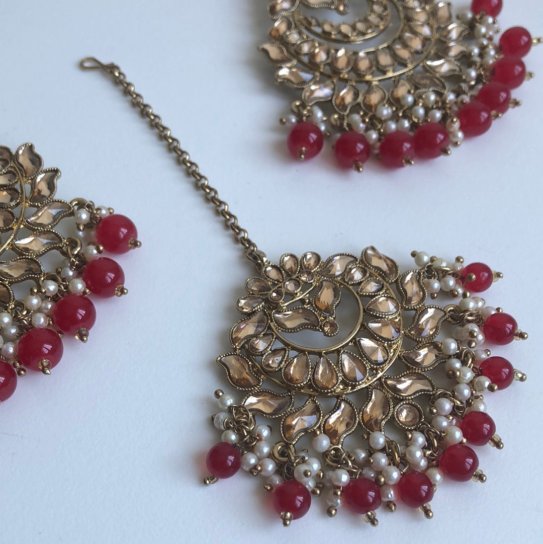 Large Red Drop Earrings Tikka Set