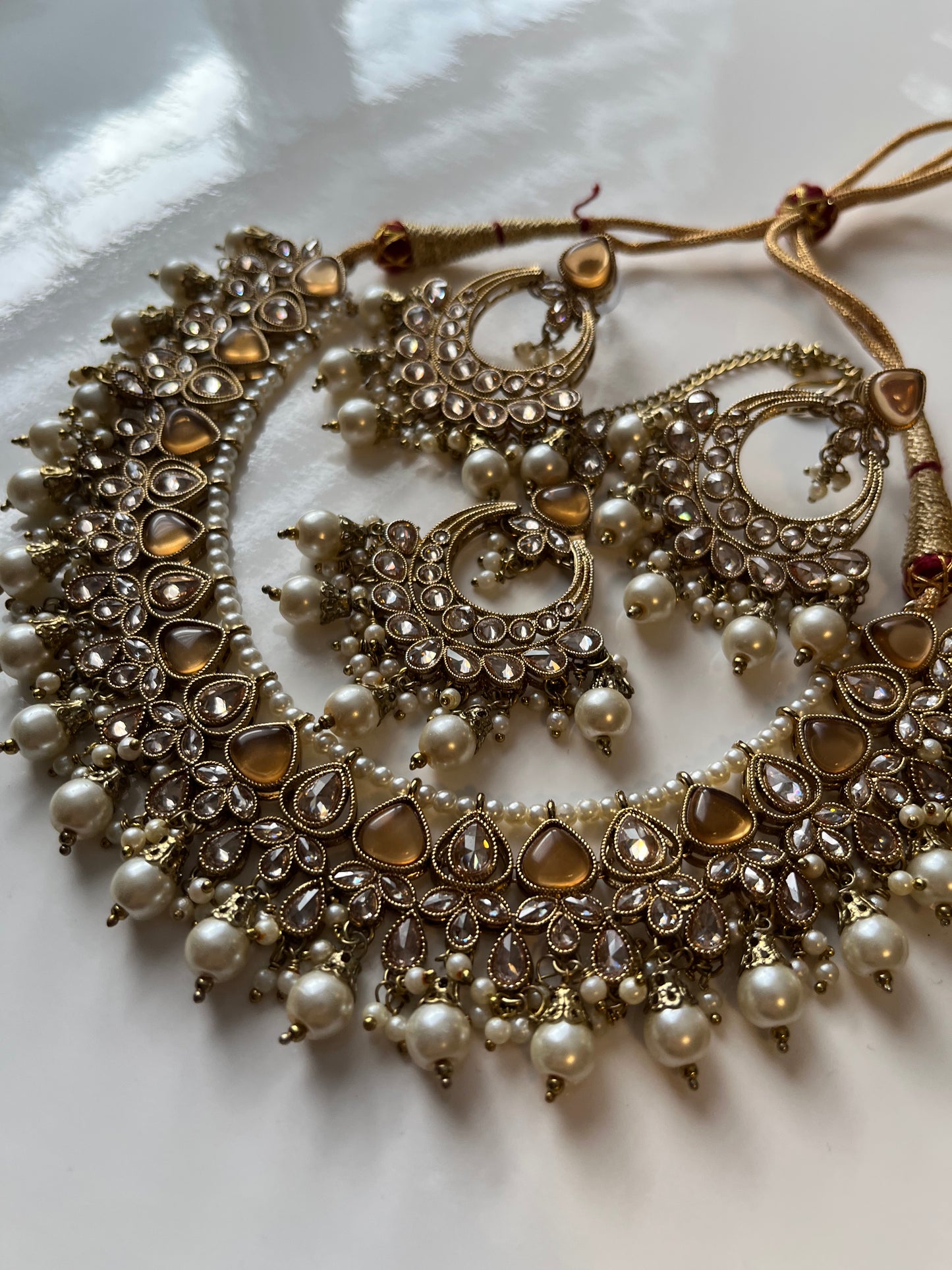 Gold Amber Polki Necklace Earring Tikka Set