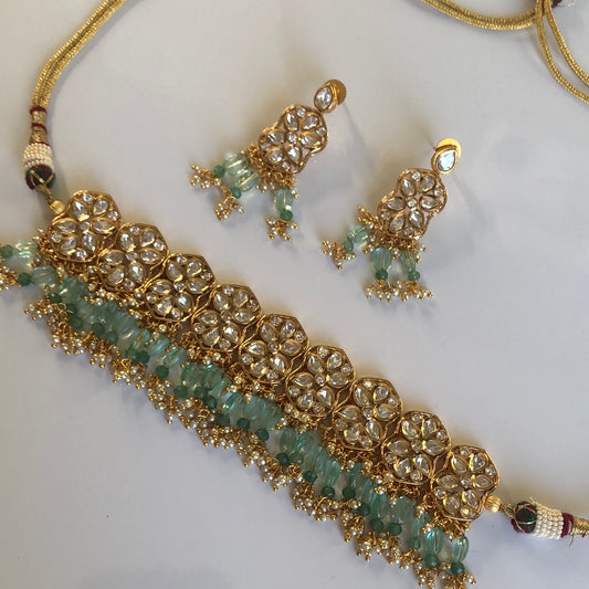 Sea Green Gold Plated Choker Necklace Earring Set