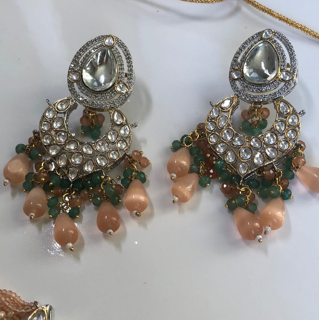 Peach Sea Green Choker Necklace Earring set