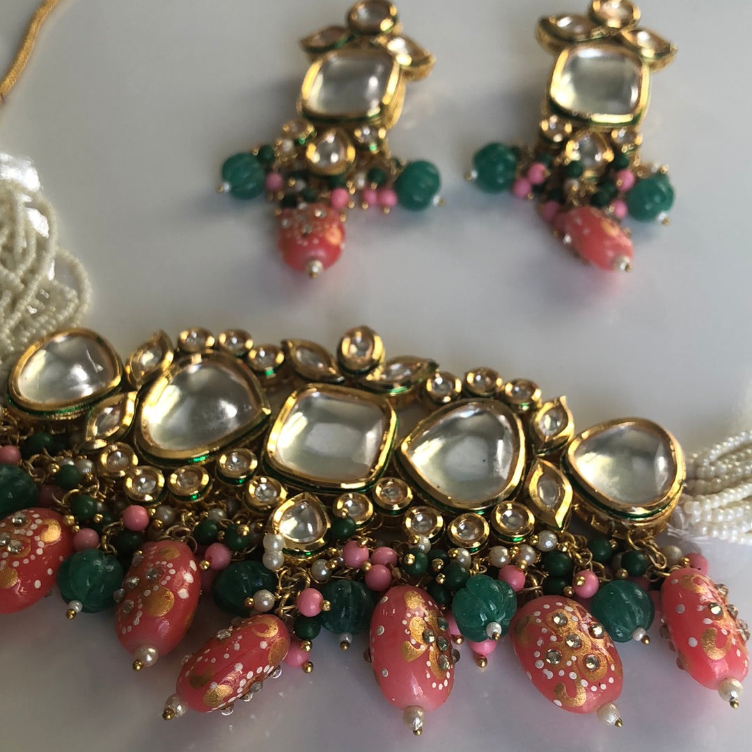 Pink Green Pearl Necklace Earring Set