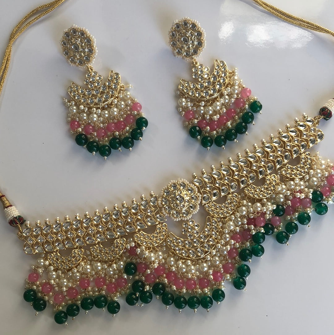 Forest Green Pink Pearl Necklace Earring Set