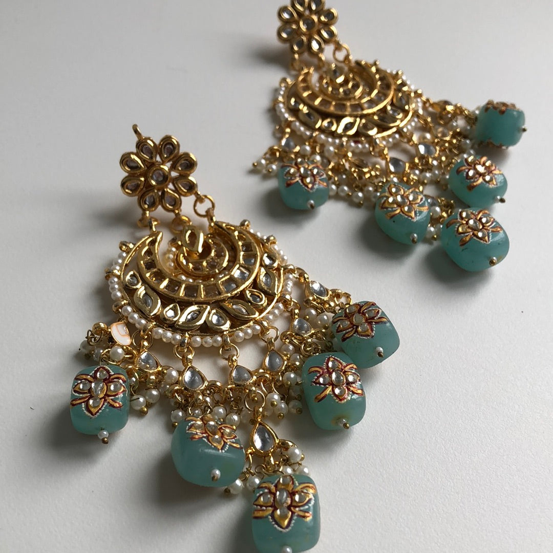 Kundan Ocean Blue Hand-Painted Earrings