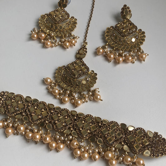 Gold Mirrored Necklace Earring Tikka Set