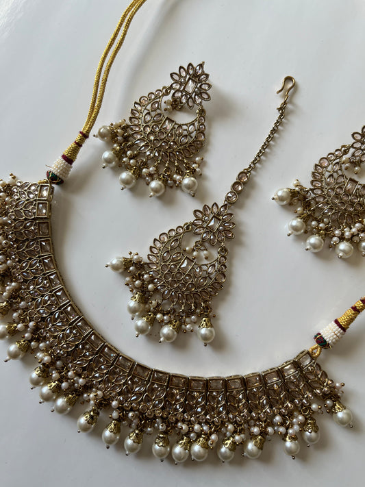 Gold Floral Drop Necklace Earring Tikka Set