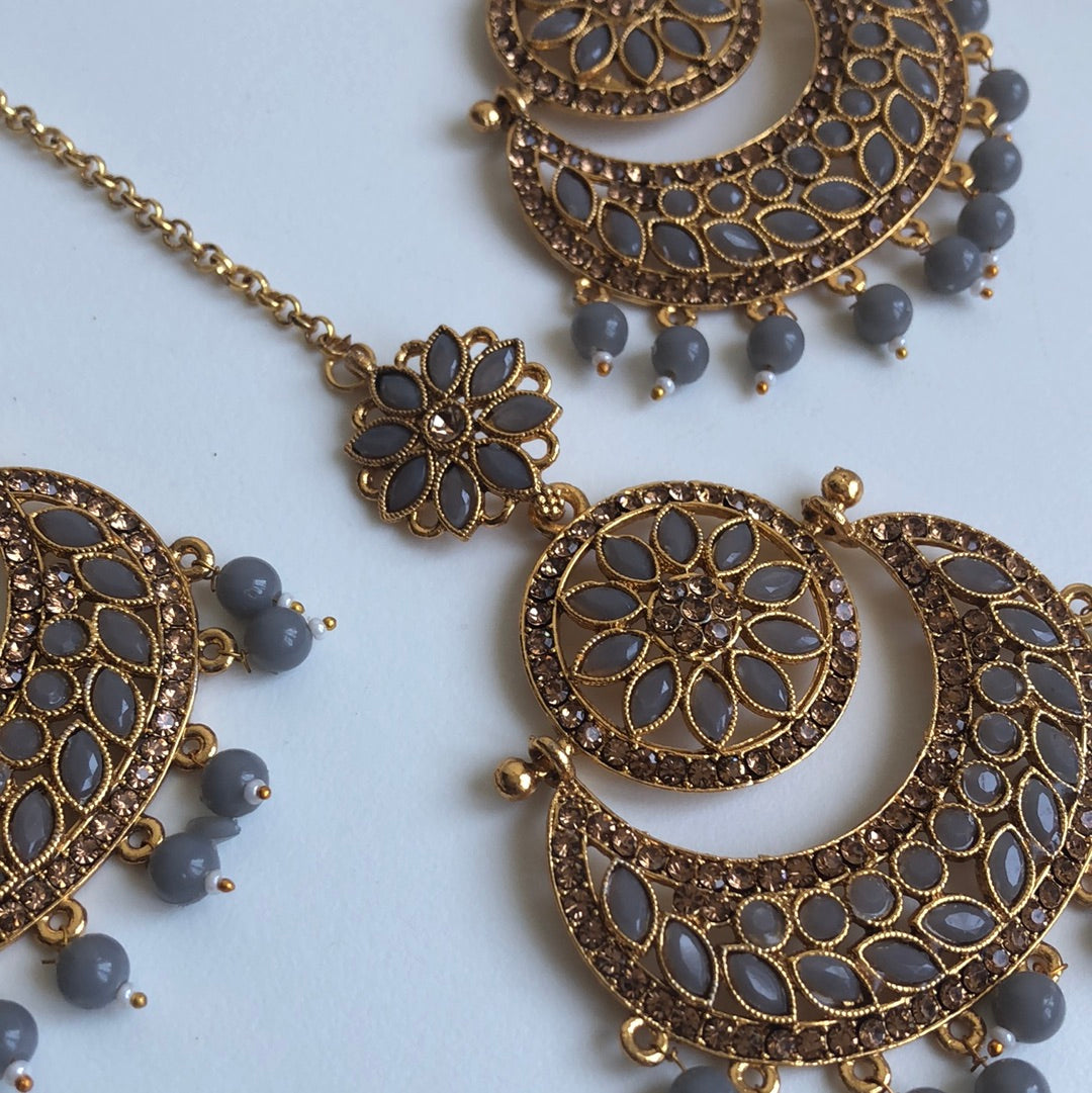 Gold Gray Chandelier Earring Tikka Set